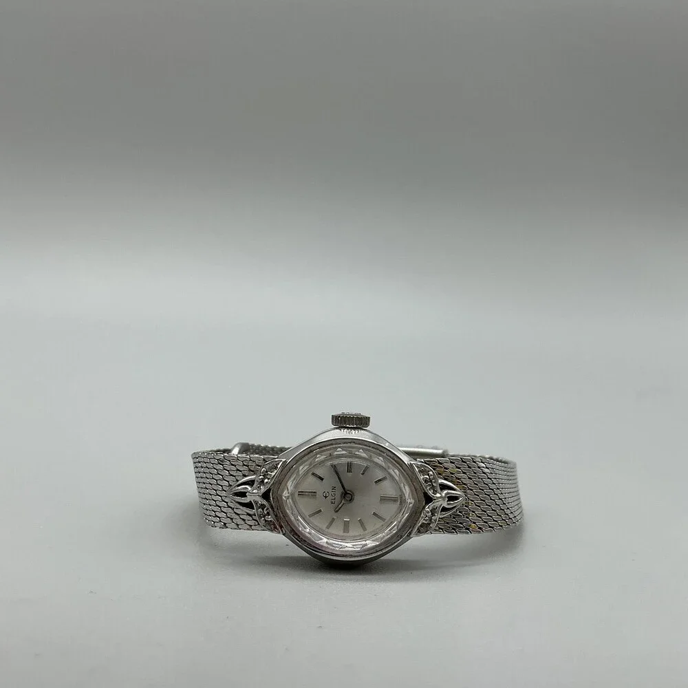 Vintage Elgin Womens Watch 16mm Silver Dial Mesh Band Manual Wind 10K RGP
